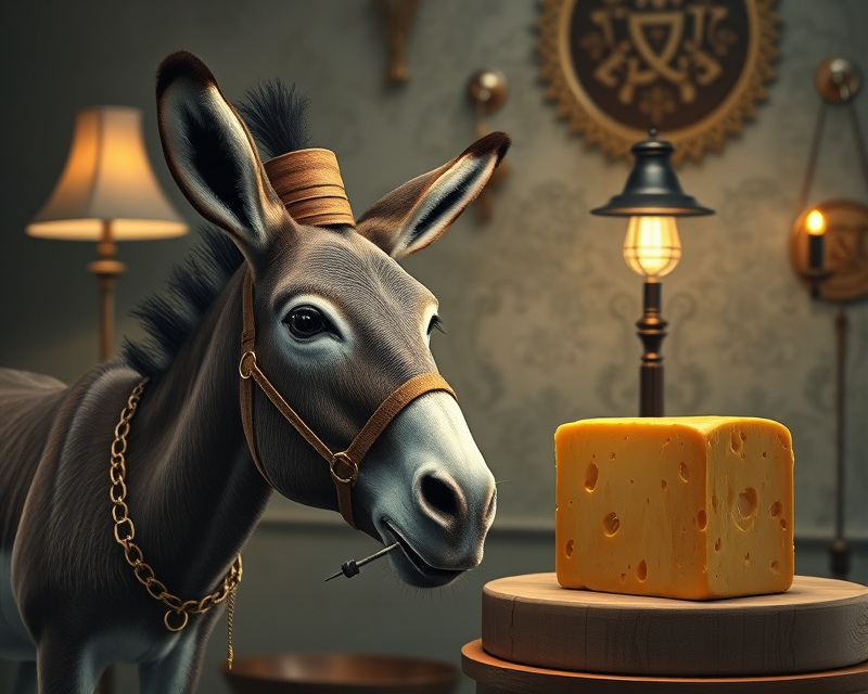 lamp, cheese, donkey, top hat, bracelet